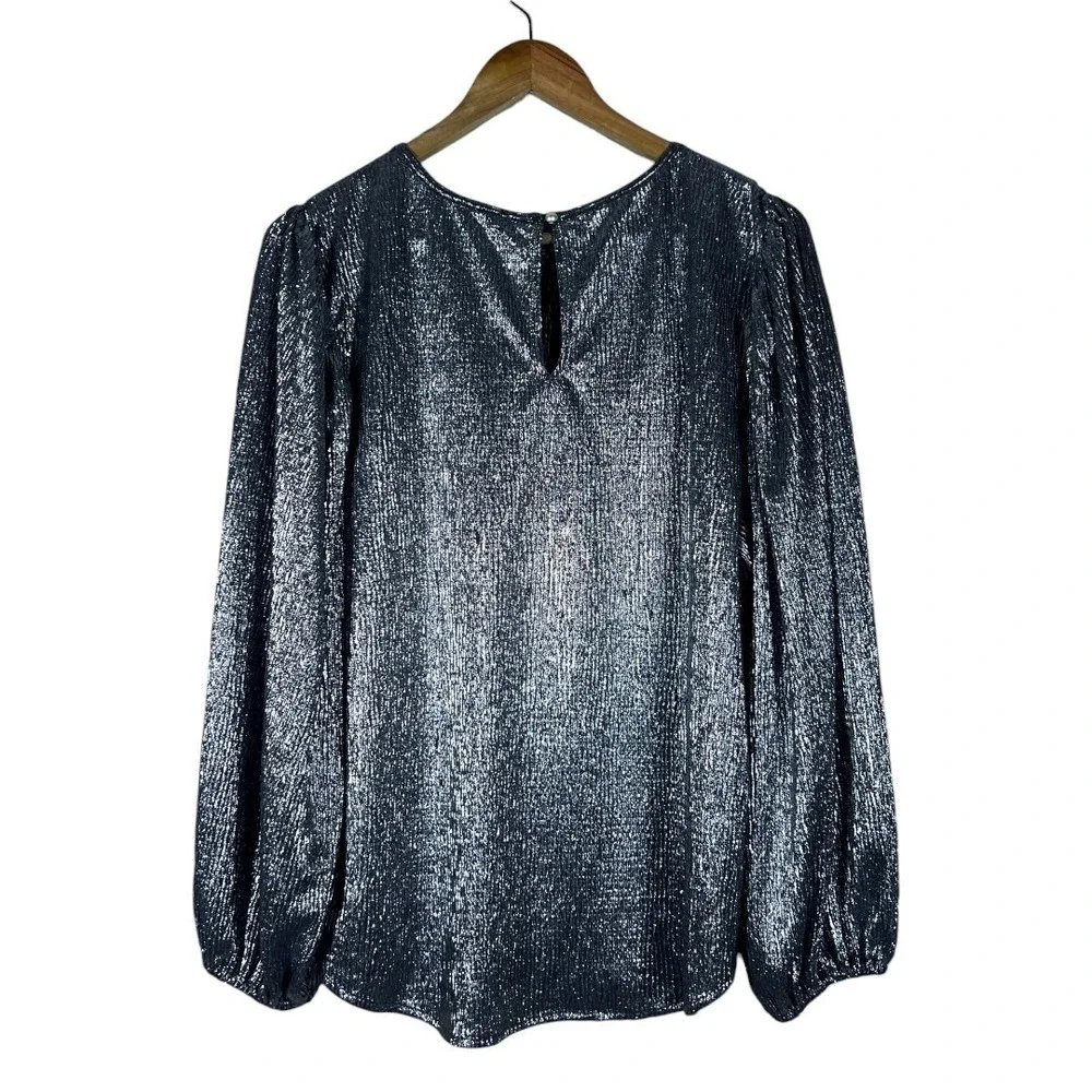 Loft Shimmer Metallic Pleated Blouse Silver Holiday Party Puff Sleeve Size L